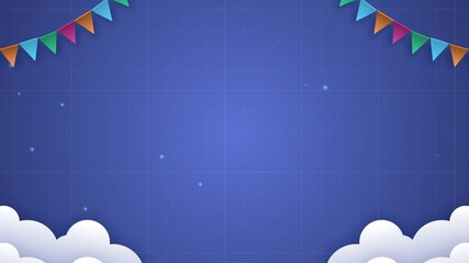 kids party theme with clouds and flags on blue background and copy space
