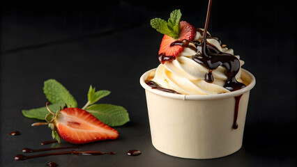 A delicious dessert with whipped cream strawberries and chocolate sauce
