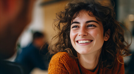 A cheerful young woman with curly hair smiles brightly while wearing a cozy orange sweater, creating a warm and engaging atmosphere in an indoor setting.