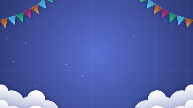 kids party theme with clouds and flags on blue background and copy space