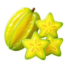 3D Translucent Icon Style Starfruit With Yellow And Green Tones Displaying Tropical Fruit Slices on Transparent Background