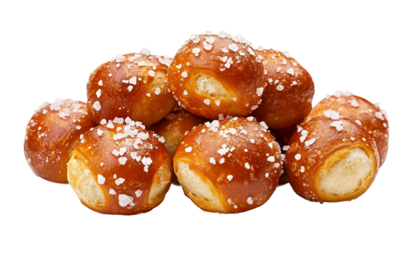 Classic soft pretzel bites topped with sparkling salt crystals offering a chewy golden snack perfect for dipping and casual enjoyment isolated on transparent background PNG