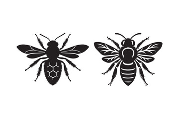 Bee Silhouette Vector Set Insect Clipart with Wings and Honeycomb Design