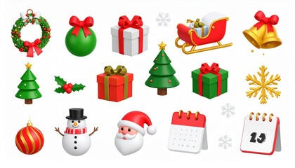 christmas 3D vector icon set._santa claus,christmas decorative ball,snowman,christmas