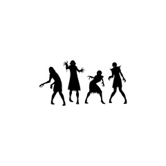Obraz premium Silhouettes Attacking zombies in torn old clothes go towards the viewer. Isolated on a white background. 