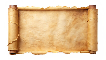 Unrolled aged parchment scroll with rough edges and tied ends on white isolated on a transparent background