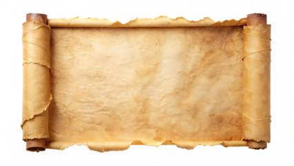Unrolled aged parchment scroll with rough edges and tied ends on white isolated on a transparent background