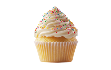 Classic vanilla cupcake topped with a smooth swirl of creamy frosting creating a soft sweet treat perfect for celebrations and everyday indulgence isolated on transparent background PNG