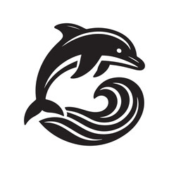 Elegant Dolphin Silhouette Leaping from Ocean Waves A Captivating Marine Emblem Gracefully Embodied in Black and White Simplicity