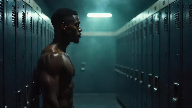 muscular african american man in locker room with dramatic lighting. fitness and training. strength and solitude. fitness, motivational gym poster