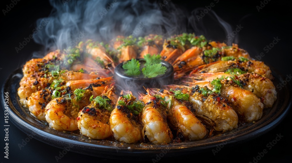 Poster A top-down view of large grilled prawns arranged in a circle on a platter, with steam rising and a golden-brown char on the prawns shells.