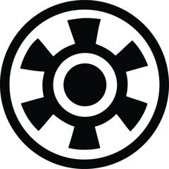 Iconic black and white symbol featuring concentric circles and a gear like shape with six spokes representing power and authority
