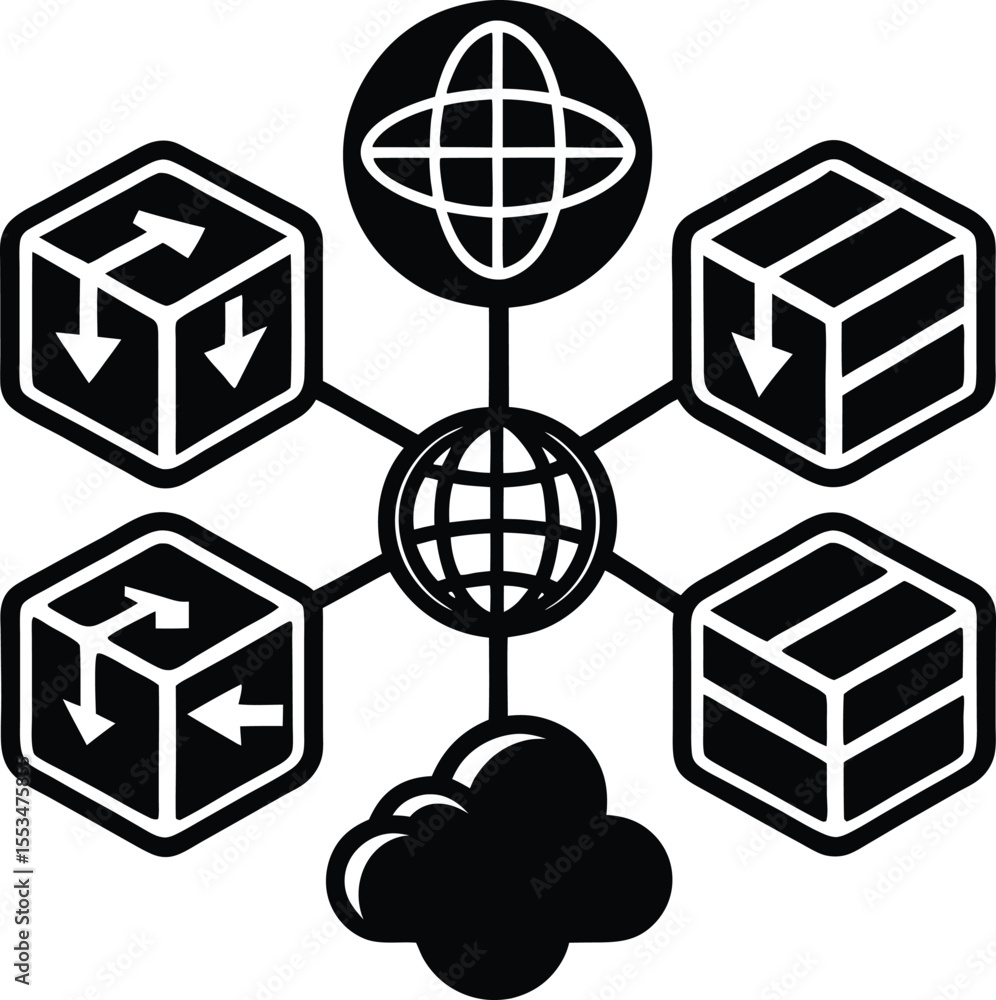 Poster network diagram illustrating data flow between cloud globe and multiple server rack icons with direc