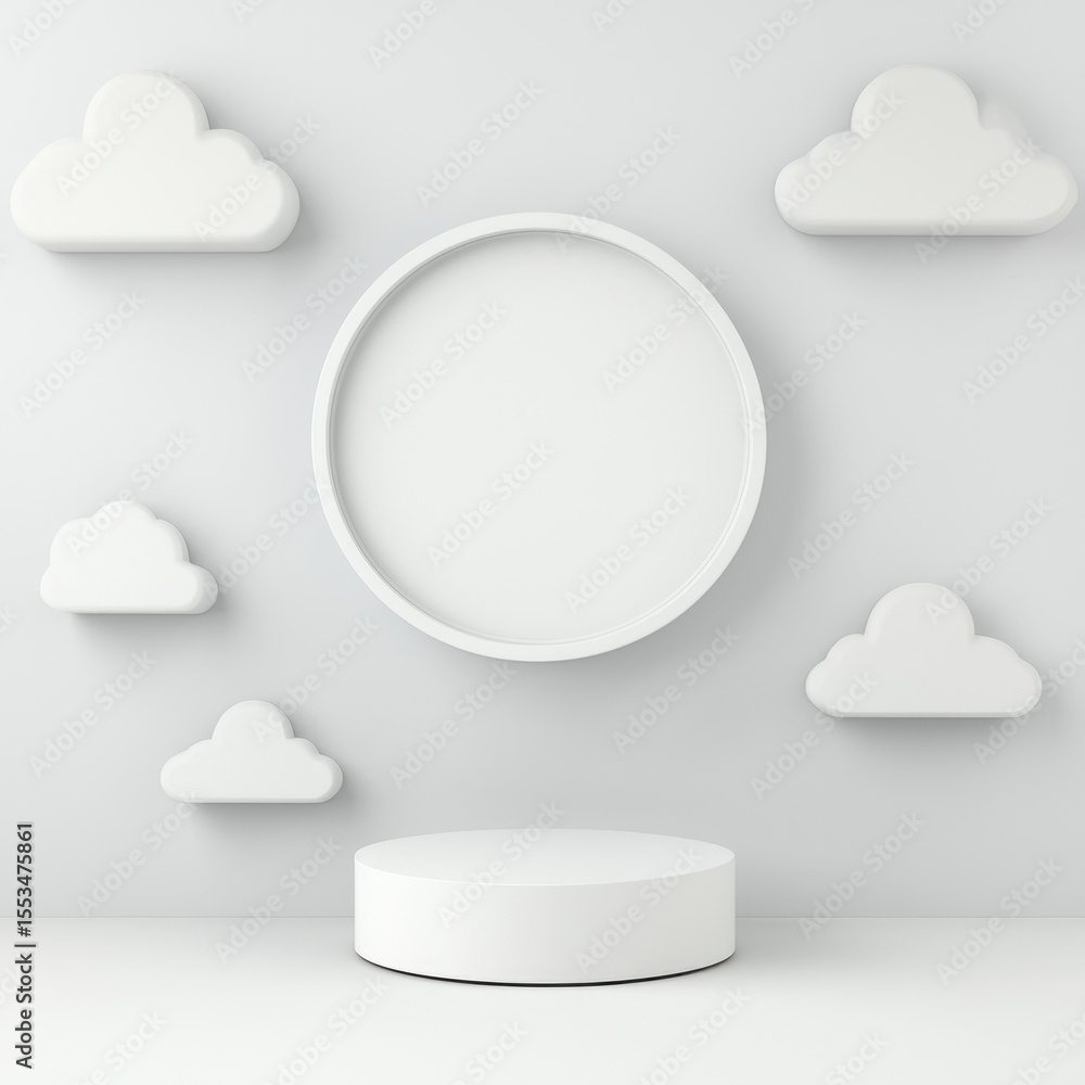 Poster white minimalist display with cloud shapes on neutral background