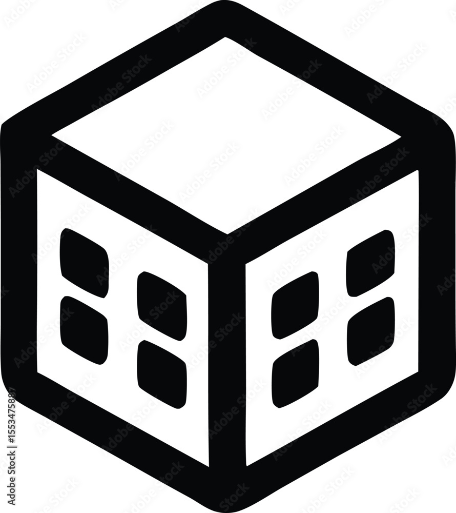 Poster stylized isometric cube icon featuring a grid pattern of rectangular windows on two sides