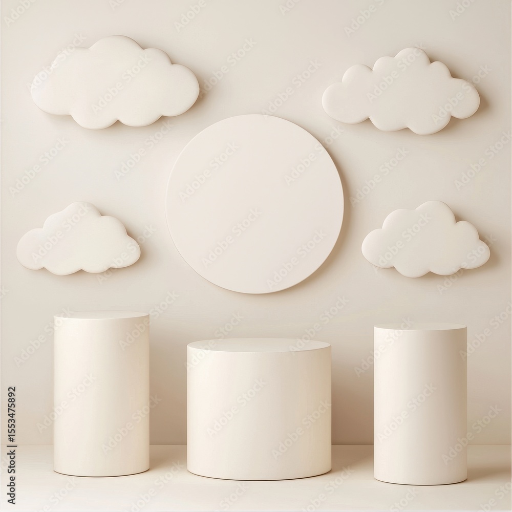 Poster minimalist studio display with white clouds and round backdrop