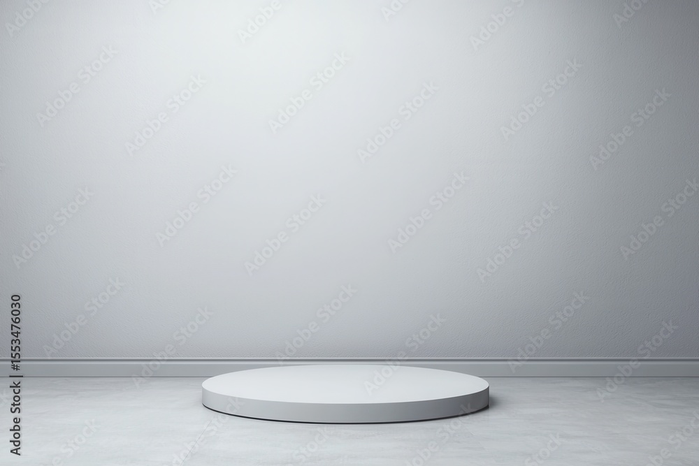 Poster minimalist studio space with empty round platform and gray wall