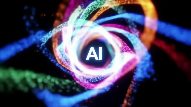 AI logo animation footage with colorful particle streams forming a dynamic vortex. Representing artificial intelligence, machine learning, and futuristic technology