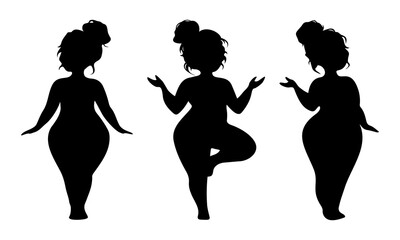 Girl dancing silhouette set. Body positive beautiful woman doing dance fitness and yoga performance exercises