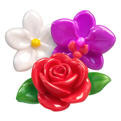 3D Translucent Icon Style of a Rose Orchid and White Flower with Green Leaves Displayed Against Transparent Background