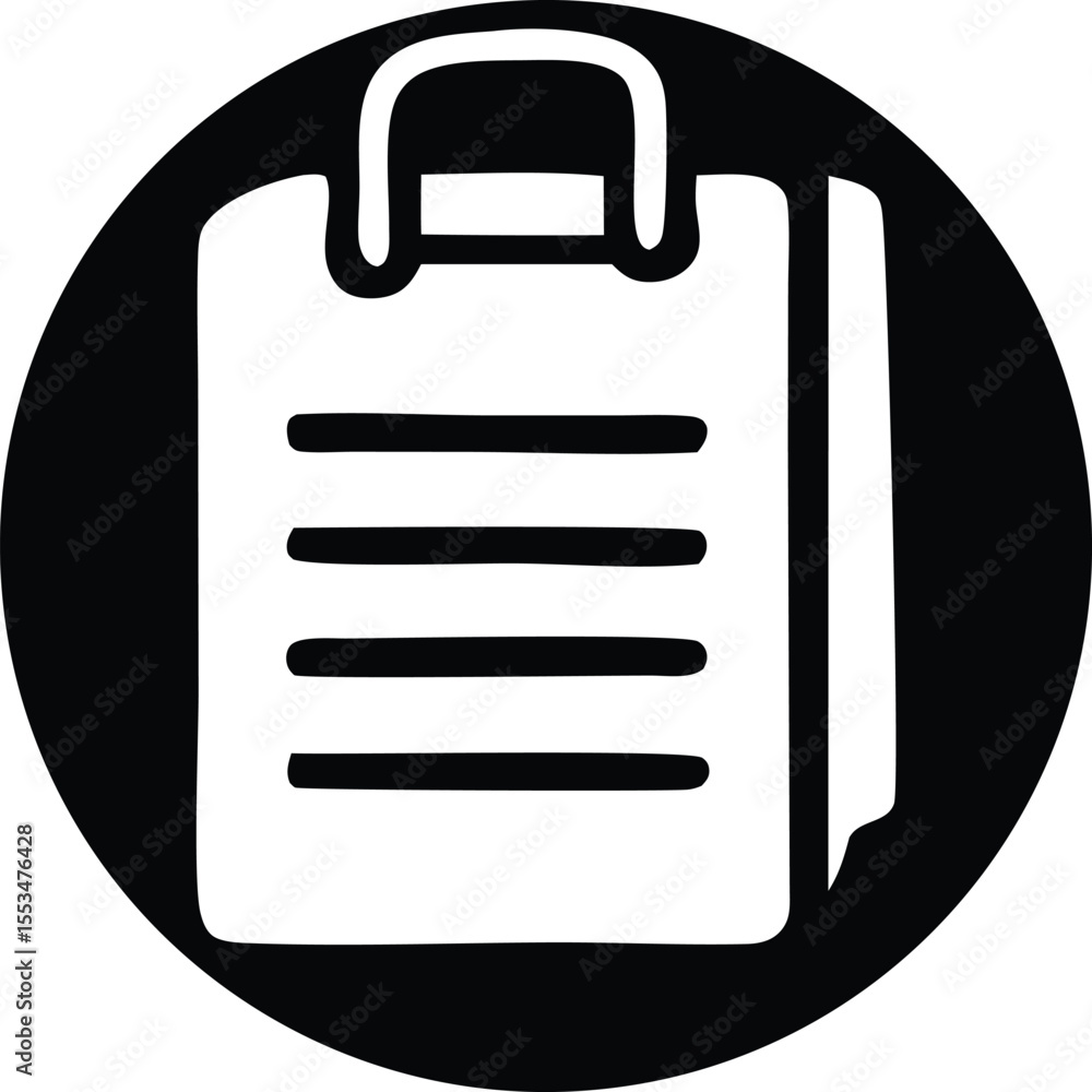 Poster simple black and white icon representing a clipboard with horizontal lines of text on a white sheet 