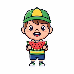 Cartoon child enjoys a juicy watermelon slice on a bright sunny summer day