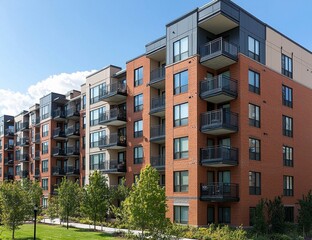Modern Urban Apartment Building with Balcony and Green Landscape