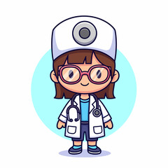 Adorable cartoon illustration of a young female doctor with glasses