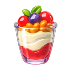 Layered Dessert With Fresh Fruits In 3D Translucent Icon Style Transparent Glass Against Black Background