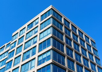 Obraz premium Modern Office Building with Glass Facade Against Blue Sky