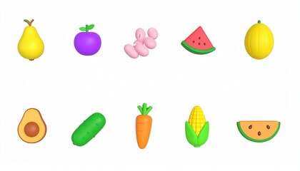 3d rendering. fruits and vegetables icon set on a white background.pear,melon,avocado