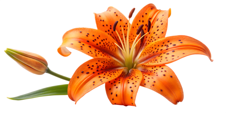 Vibrant orange tiger lily with dark spots and a closed bud isolated on a transparent background orange lily