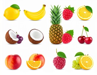 3d rendering. fruits icon set on a white background.lemon,pineapple,banana,coconut,