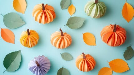 Colorful paper pumpkins and leaves