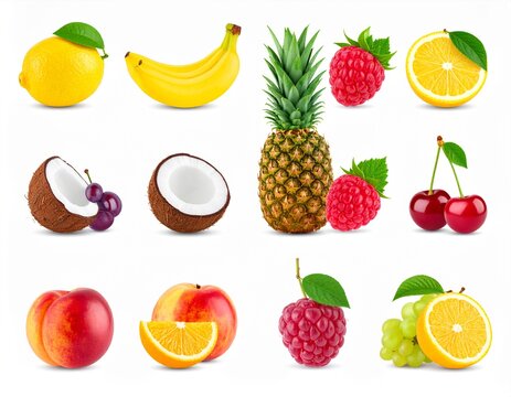 3d rendering. fruits icon set on a white background.lemon,pineapple,banana,coconut,