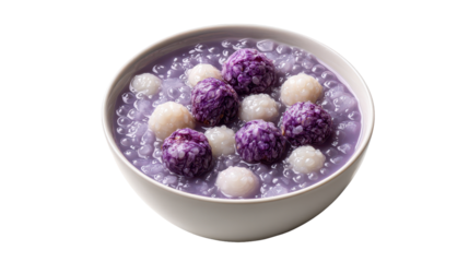 Delicious purple dessert with sweet rice balls in creamy sauce. transparent background