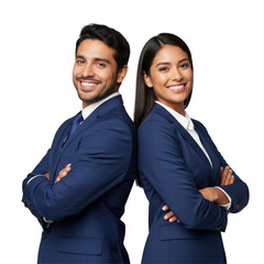 A smiling latin business man and woman standing back-to-back, wearing suits with arms crossed, looking at the camera over a white or transparent background