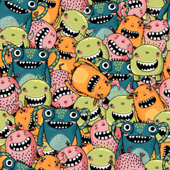 Abstract seamless cartoon pattern for kids, teenagers, fashion textiles, clothes, wrapping paper. Reprint with  monster doodle characters