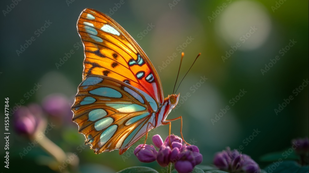 Poster A vibrant macro shot of a colorful butterfly resting on a flower, highlighting its delicate wings and intricate patterns in bright sunlight