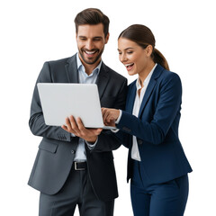 Happy businessman and woman holding a laptop and standing against a white or transparent background