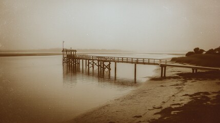 Fototapeta premium old worn vintage sepia toned polaroid photo of beach shore harbor
