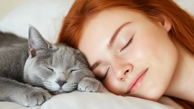 Sleeping person and cat embrace peaceful rest together in cozy indoor scene