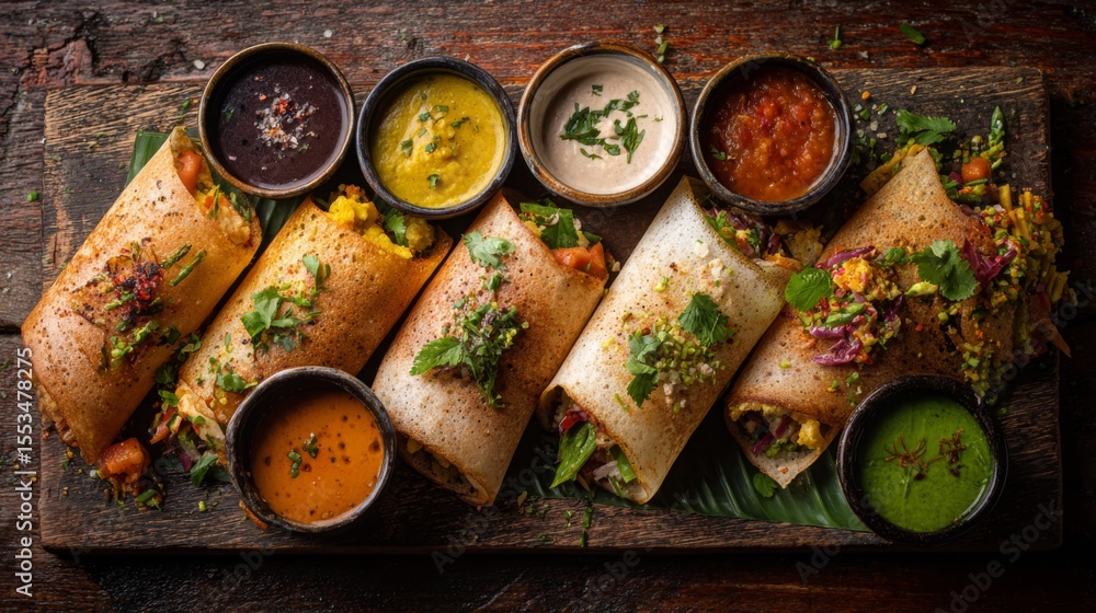 Poster A vibrant presentation of multiple dosas on a rustic wooden table, garnished with fresh herbs and served with an assortment of chutneys and sambar for a delightful feast.