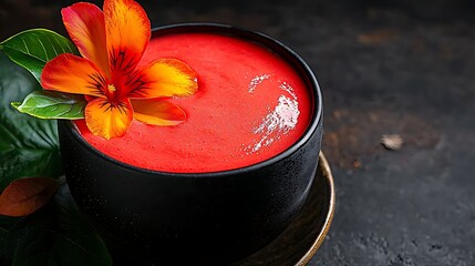 Vibrant Red Smoothie Bowl with Orange Flower Garnish Healthy Food Photography