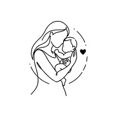 Mother and baby line art. Mom hugs child. Motherhood and newborn concept. Happy mother line vector illustration. Parent loving kid, happy mother day design for card