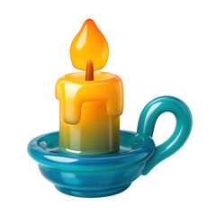 3D Translucent Icon Style Of Glowing Candle With Orange Flame And Yellow Wax In Teal Ceramic Holder Isolated On Transparent Background