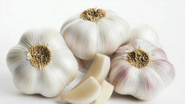 A group of garlic cloves arranged on a clean white surface, ideal for food photography or still life compositions