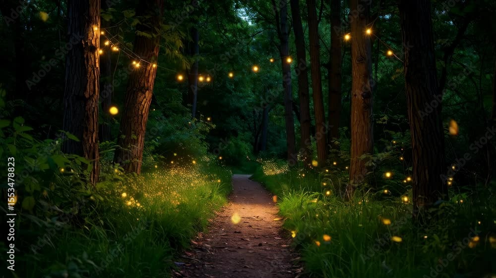 Poster magical forest path glows with string lights and fireflies for enchanted fantasy scene