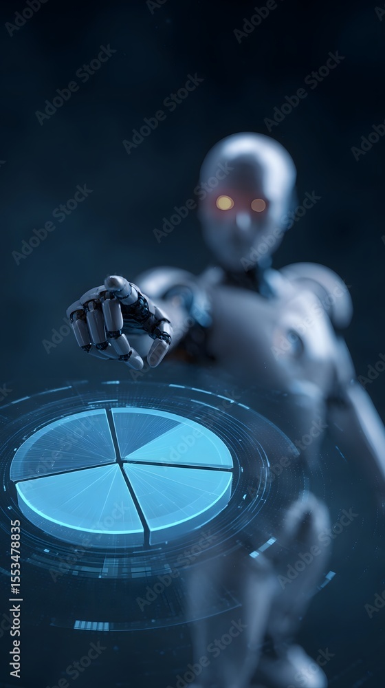 Poster a futuristic robot pointing at a holographic pie chart display
