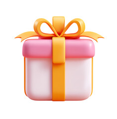 3D icon of a gift box with ribbons on a transparent background in a 2D illustration style. The design is cute, with a pink and orange color scheme.